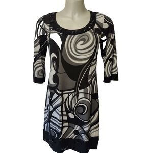 Blu Sage Dress Large Womens Geometric Design 3/4 Sleeve Knee Length Black White